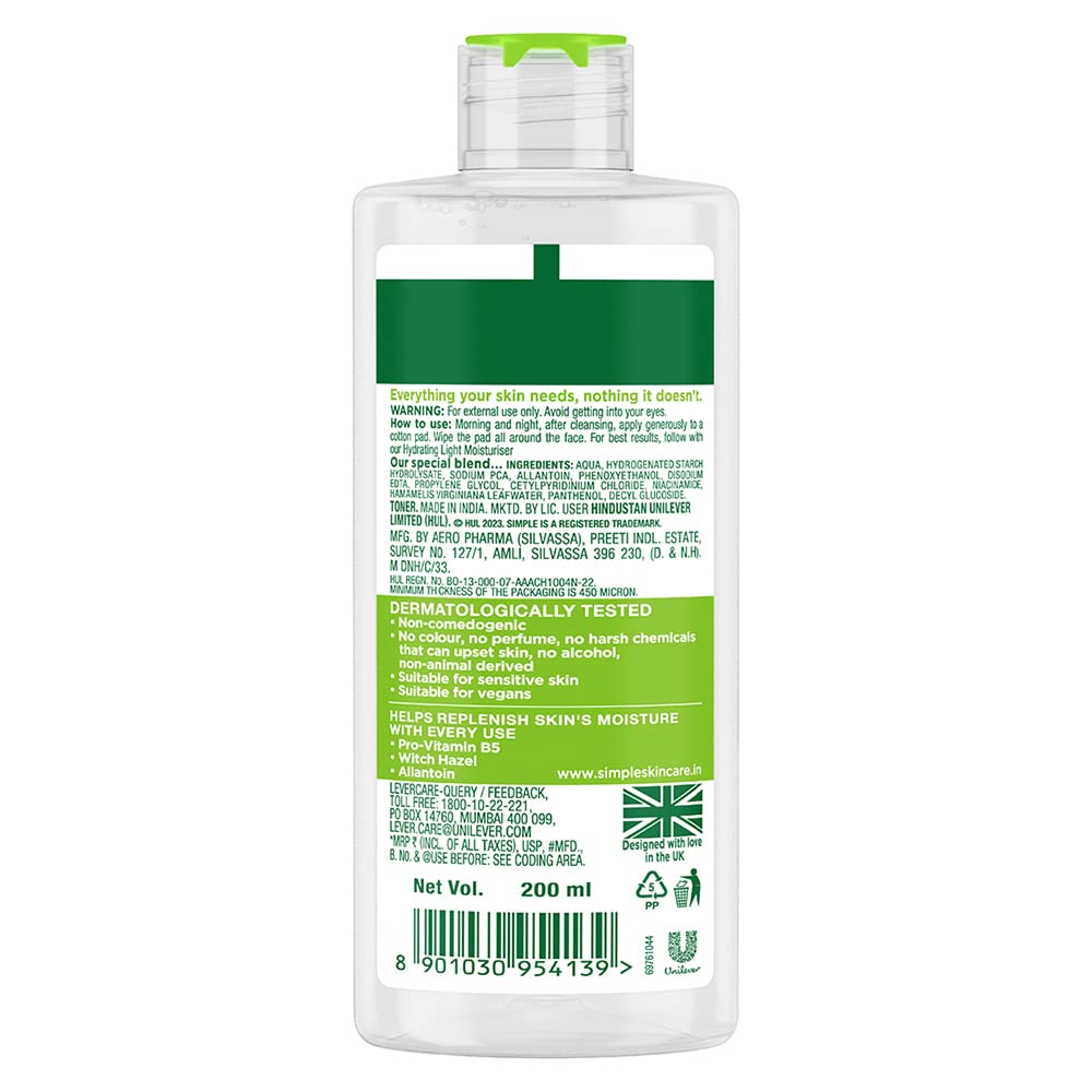 Simple Kind To Skin Soothing Facial Toner 200 ml | Pro Vitamin B5 & Witch Hazel | Gentle Pore Cleansing | Moisturises Skin | Keep Skin Refreshed & Toned | Lightweight | For All Skin Type, Pack of 1 Simple Kind To Skin Soothing Facial Toner 200 ml | Pro Vitamin B5 & Witch Hazel | Gentle Pore Cleansing | Moisturises Skin | Keep Skin Refreshed & Toned | Lightweight | For All Skin Type, Pack of 1