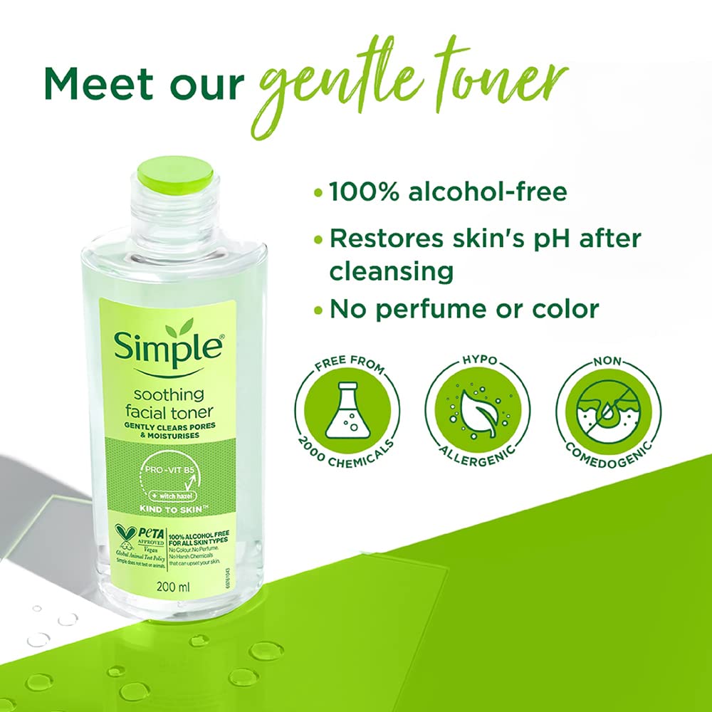 Simple Kind To Skin Soothing Facial Toner 200 ml | Pro Vitamin B5 & Witch Hazel | Gentle Pore Cleansing | Moisturises Skin | Keep Skin Refreshed & Toned | Lightweight | For All Skin Type, Pack of 1 Simple Kind To Skin Soothing Facial Toner 200 ml | Pro Vitamin B5 & Witch Hazel | Gentle Pore Cleansing | Moisturises Skin | Keep Skin Refreshed & Toned | Lightweight | For All Skin Type, Pack of 1