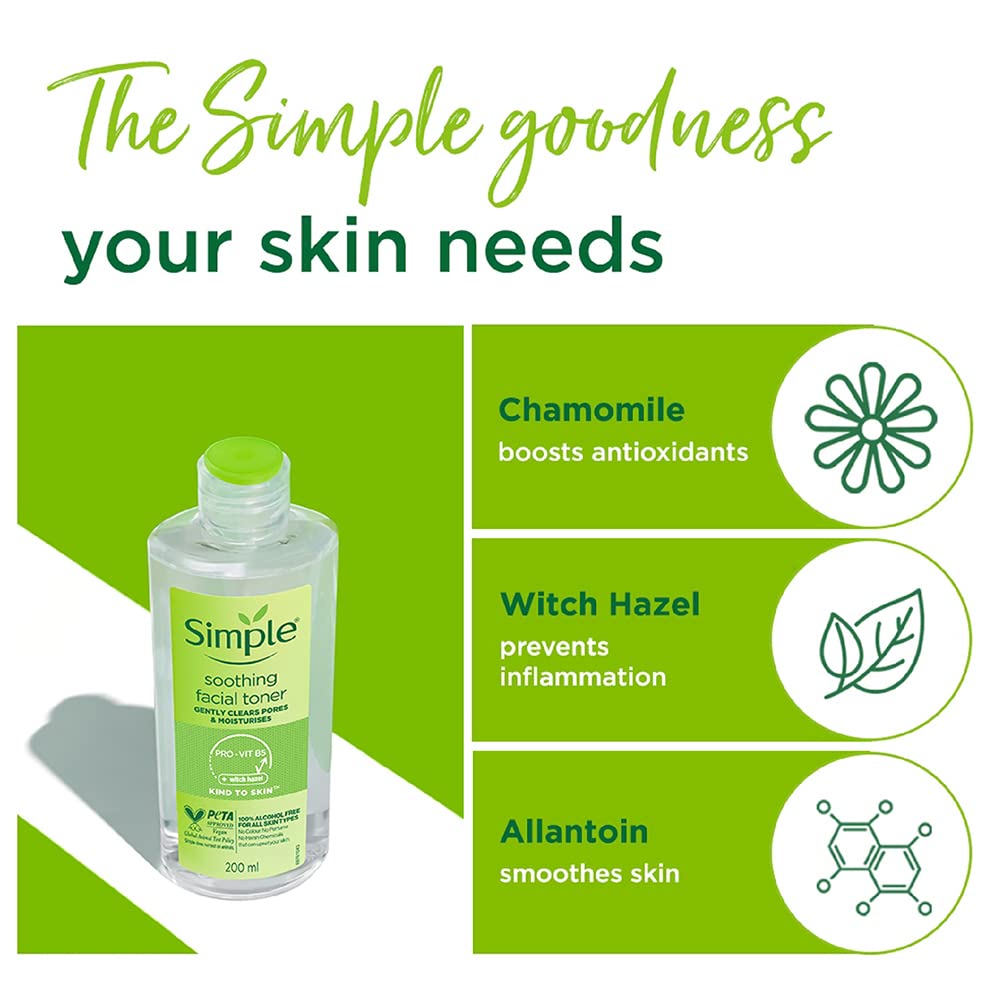 Simple Kind To Skin Soothing Facial Toner 200 ml | Pro Vitamin B5 & Witch Hazel | Gentle Pore Cleansing | Moisturises Skin | Keep Skin Refreshed & Toned | Lightweight | For All Skin Type, Pack of 1 Simple Kind To Skin Soothing Facial Toner 200 ml | Pro Vitamin B5 & Witch Hazel | Gentle Pore Cleansing | Moisturises Skin | Keep Skin Refreshed & Toned | Lightweight | For All Skin Type, Pack of 1