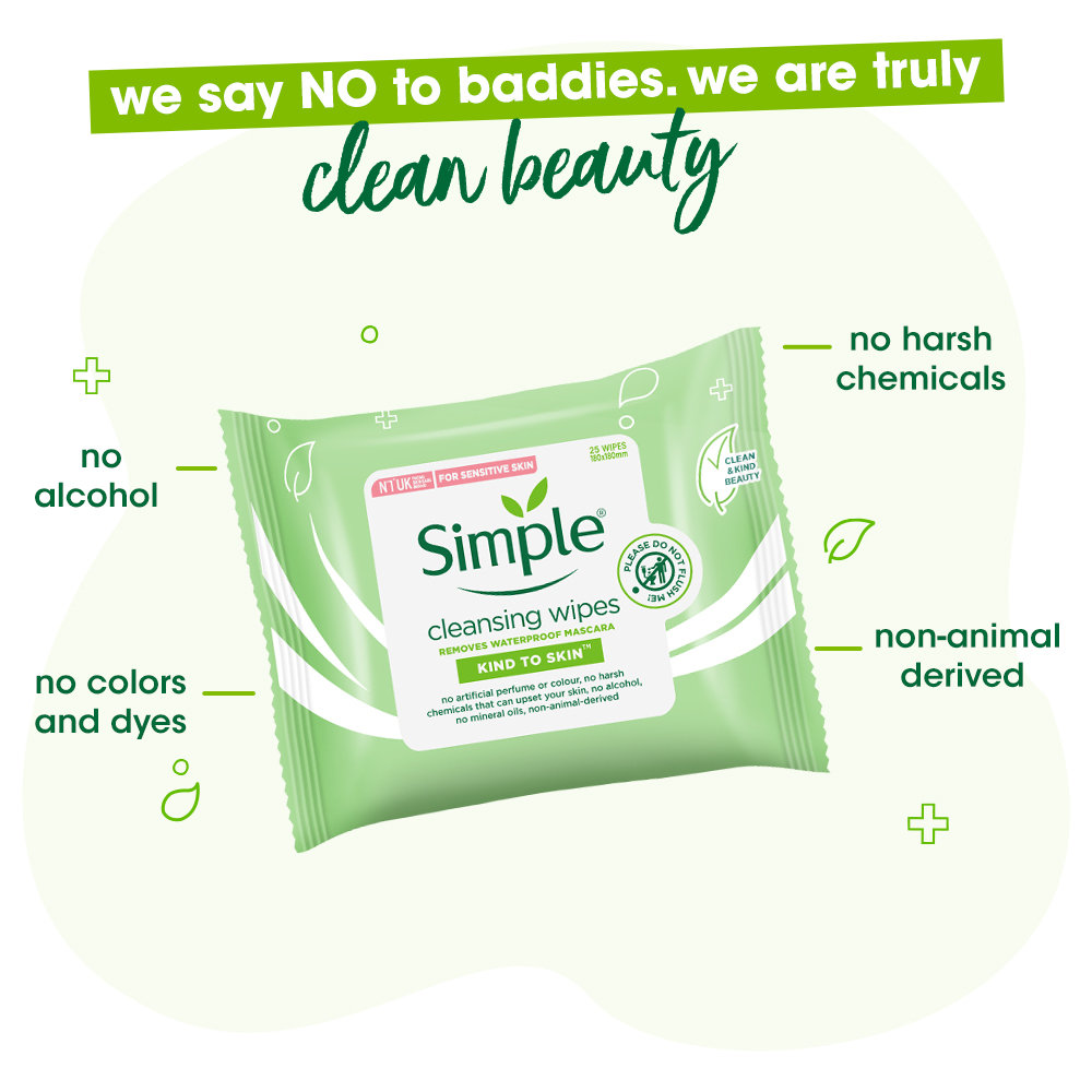 Simple Kind To Skin Cleansing Facial Wipes 25 Wipes | Instantly Removes Waterproof Mascara | Gently Cleanses Make-Up & Dirt | For Sensitive Skin, Pack of 1 Simple Kind To Skin Cleansing Facial Wipes 25 Wipes | Instantly Removes Waterproof Mascara | Gently Cleanses Make-Up & Dirt | For Sensitive Skin, Pack of 1