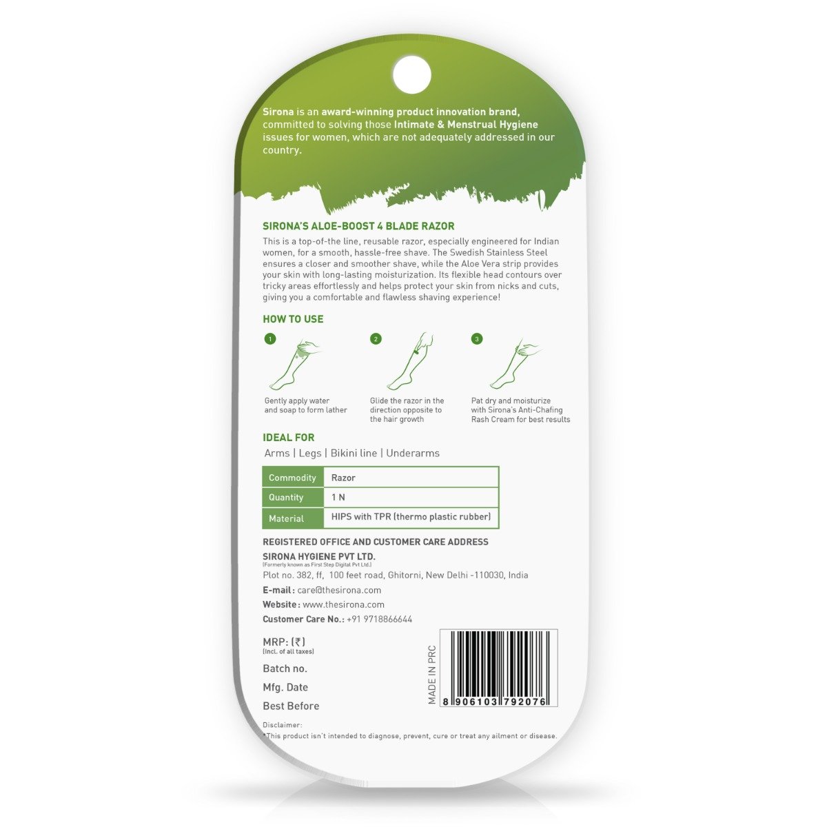 Sirona Aloe-Boost Reusable 4 Blade Razor For Women, 1 Count, Pack of 1 Sirona Aloe-Boost Reusable 4 Blade Razor For Women, 1 Count, Pack of 1