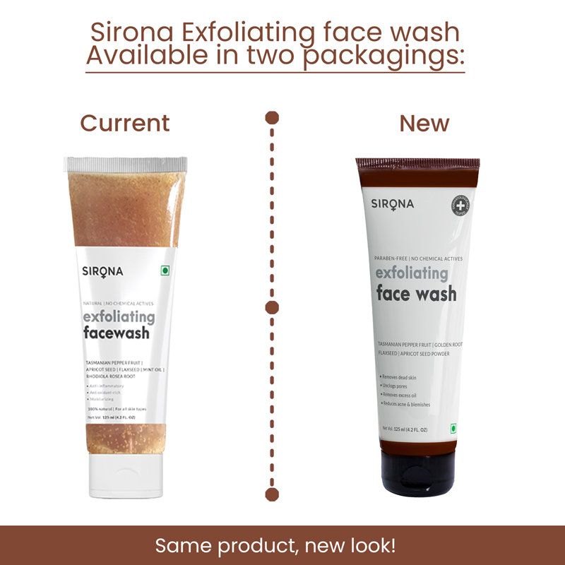 Sirona Exfoliating Facewash 125 ml | Tasmanian Pepper Fruit, Golden Root Flaxseed, Apricot Seed Powder | Removes Excess Oil & Dead Cells | Reduces Acne & Blemishes | Unclog Pores | For All Skin Type, Pack of 1 Sirona Exfoliating Facewash 125 ml | Tasmanian Pepper Fruit, Golden Root Flaxseed, Apricot Seed Powder | Removes Excess Oil & Dead Cells | Reduces Acne & Blemishes | Unclog Pores | For All Skin Type, Pack of 1