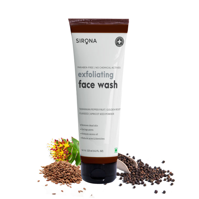 Sirona Exfoliating Facewash 125 ml | Tasmanian Pepper Fruit, Golden Root Flaxseed, Apricot Seed Powder | Removes Excess Oil & Dead Cells | Reduces Acne & Blemishes | Unclog Pores | For All Skin Type, Pack of 1 Sirona Exfoliating Facewash 125 ml | Tasmanian Pepper Fruit, Golden Root Flaxseed, Apricot Seed Powder | Removes Excess Oil & Dead Cells | Reduces Acne & Blemishes | Unclog Pores | For All Skin Type, Pack of 1