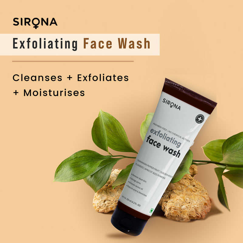 Sirona Exfoliating Facewash 125 ml | Tasmanian Pepper Fruit, Golden Root Flaxseed, Apricot Seed Powder | Removes Excess Oil & Dead Cells | Reduces Acne & Blemishes | Unclog Pores | For All Skin Type, Pack of 1 Sirona Exfoliating Facewash 125 ml | Tasmanian Pepper Fruit, Golden Root Flaxseed, Apricot Seed Powder | Removes Excess Oil & Dead Cells | Reduces Acne & Blemishes | Unclog Pores | For All Skin Type, Pack of 1