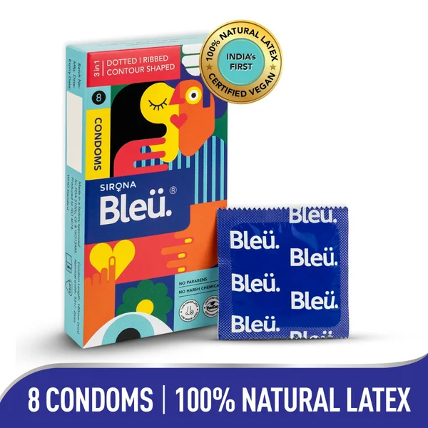 Sirona Bleu 3-In-1 Ribbed & Dotted Condoms with 100% Natural Latex for Extra Sensitive Skin, 8 Count