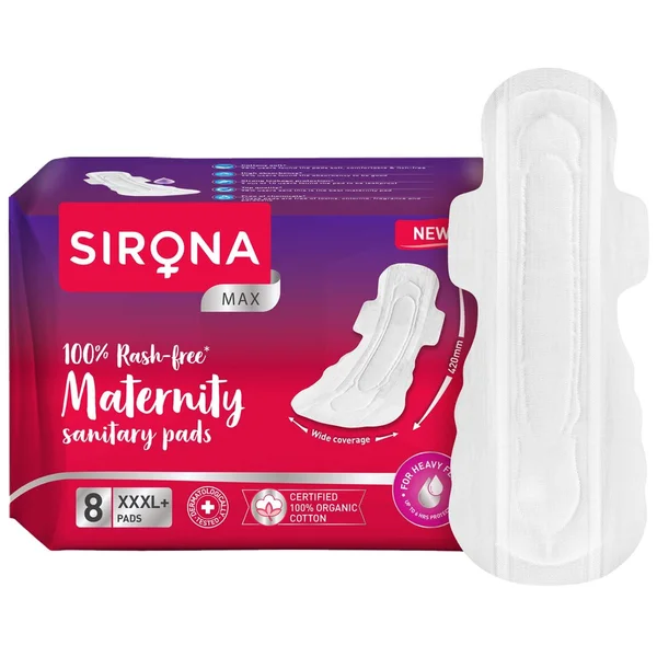 Sirona Max 100% Rash Free Sanitary Pads for Women XXXL+, 8 Count