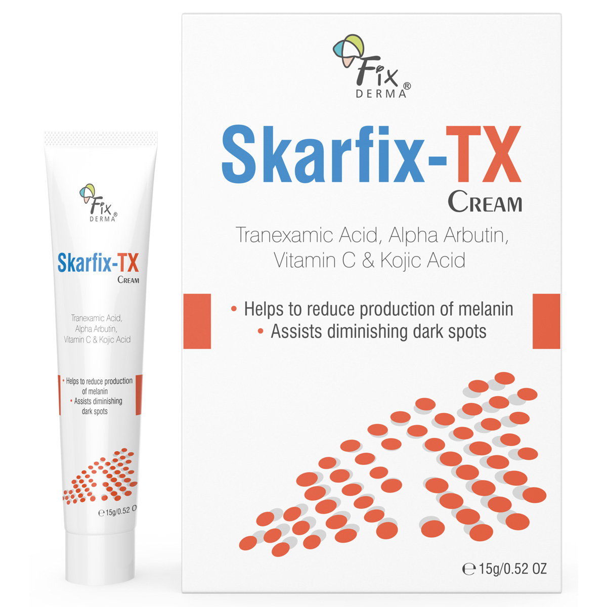 Fixderma Skarfix-TX Cream, 15 gm | Tranexamic Acid, Alpha Arbutin, Vitamin C & Kojic Acid | Reduce Melanin Production | Lightens Dark Spots | For Uneven Skin Tone & Melasma Treatment, Pack of 1 Fixderma Skarfix-TX Cream, 15 gm | Tranexamic Acid, Alpha Arbutin, Vitamin C & Kojic Acid | Reduce Melanin Production | Lightens Dark Spots | For Uneven Skin Tone & Melasma Treatment, Pack of 1
