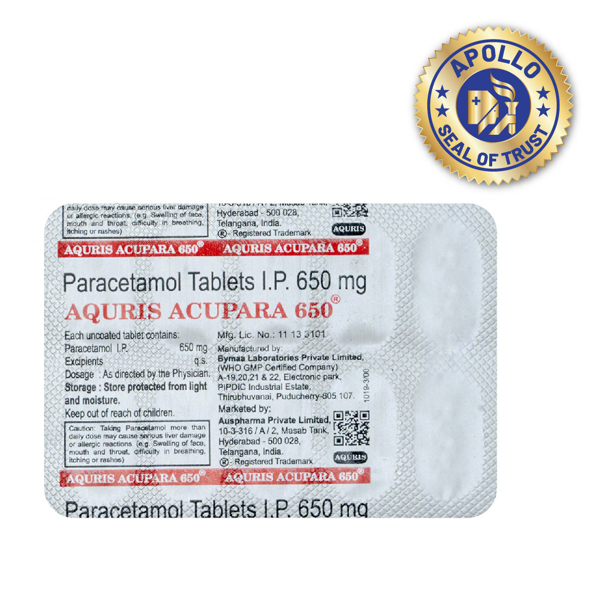 Aquris Acupara 650 mg Tablet 10's, Pack of 10 TabletS Aquris Acupara 650 mg Tablet 10's, Pack of 10 TabletS