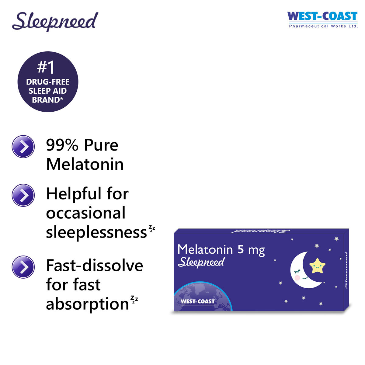 Westcoast Sleepneed Melatonin 5mg, 10 Tablets, Pack of 10 TabletS Westcoast Sleepneed Melatonin 5mg, 10 Tablets, Pack of 10 TabletS