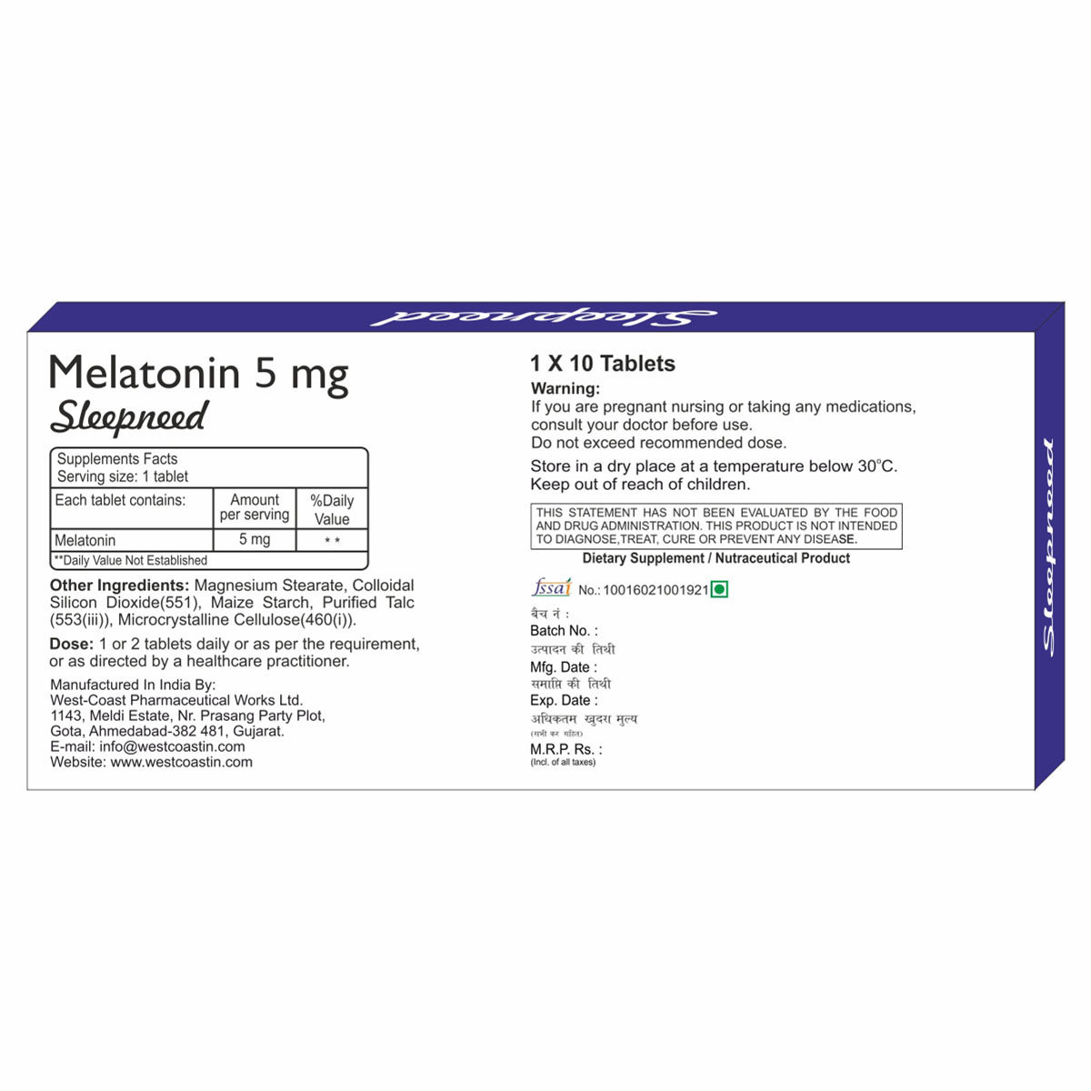 Westcoast Sleepneed Melatonin 5mg, 10 Tablets, Pack of 10 TabletS Westcoast Sleepneed Melatonin 5mg, 10 Tablets, Pack of 10 TabletS