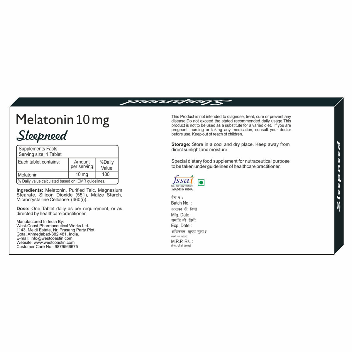 Westcoast Sleepneed Melatonin 10mg, 10 Tablets, Pack of 10 TabletS Westcoast Sleepneed Melatonin 10mg, 10 Tablets, Pack of 10 TabletS
