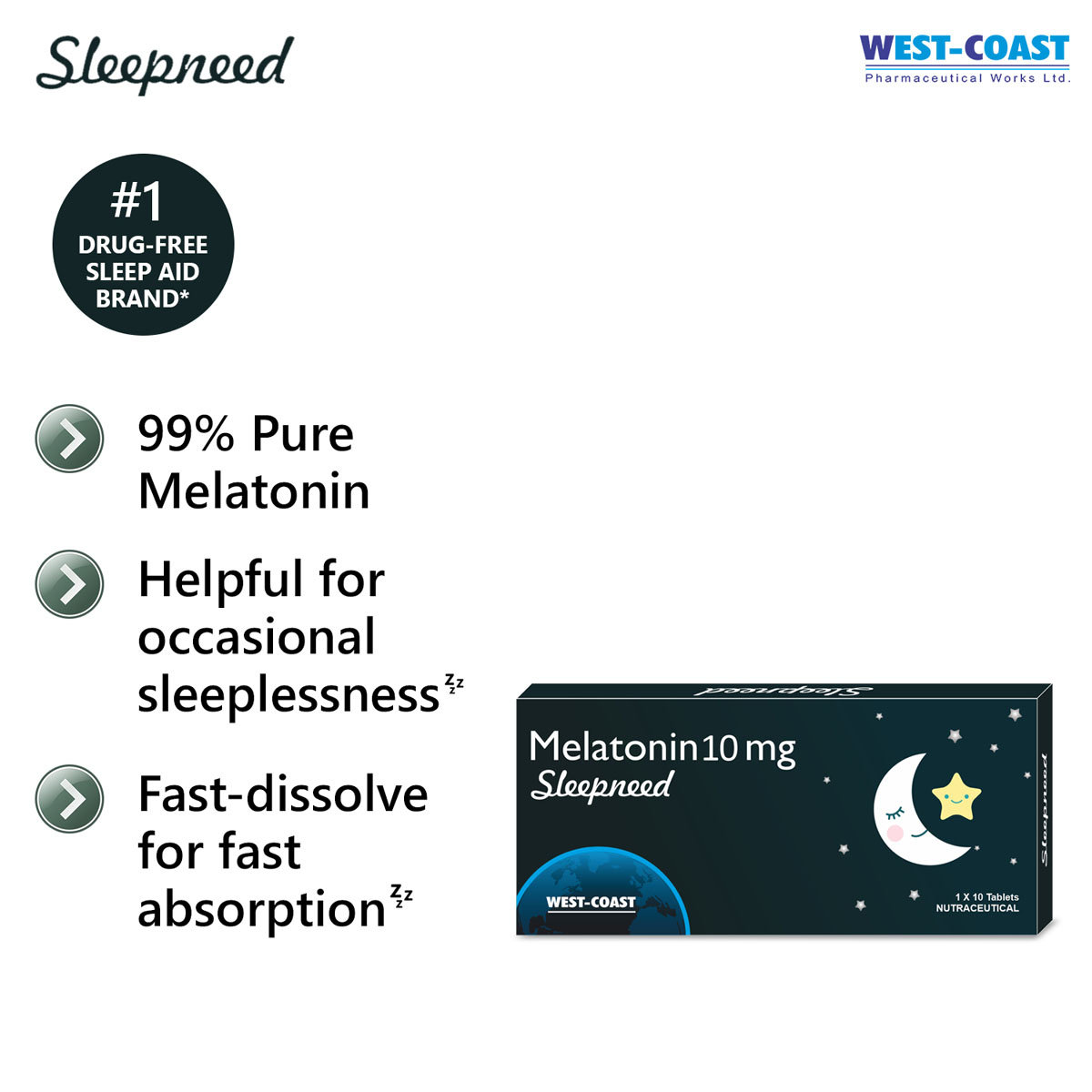 Westcoast Sleepneed Melatonin 10mg, 10 Tablets, Pack of 10 TabletS Westcoast Sleepneed Melatonin 10mg, 10 Tablets, Pack of 10 TabletS