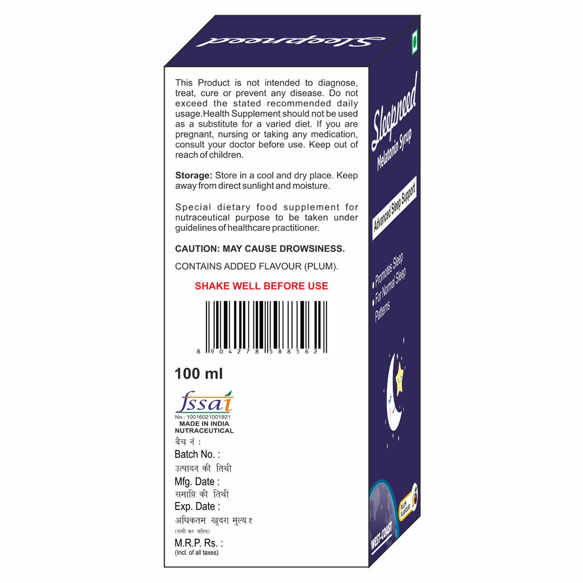 Westcoast Sleepneed Melatonin Syrup, 100 ml, Pack of 1 Syrup Westcoast Sleepneed Melatonin Syrup, 100 ml, Pack of 1 Syrup