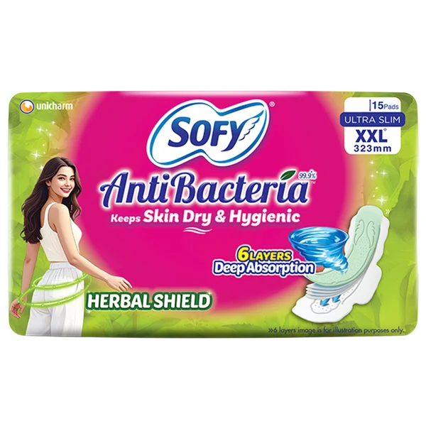 Sofy Anti Bacteria Sanitary Pads Ultra Slim XXL, 15 Count, Pack of 1