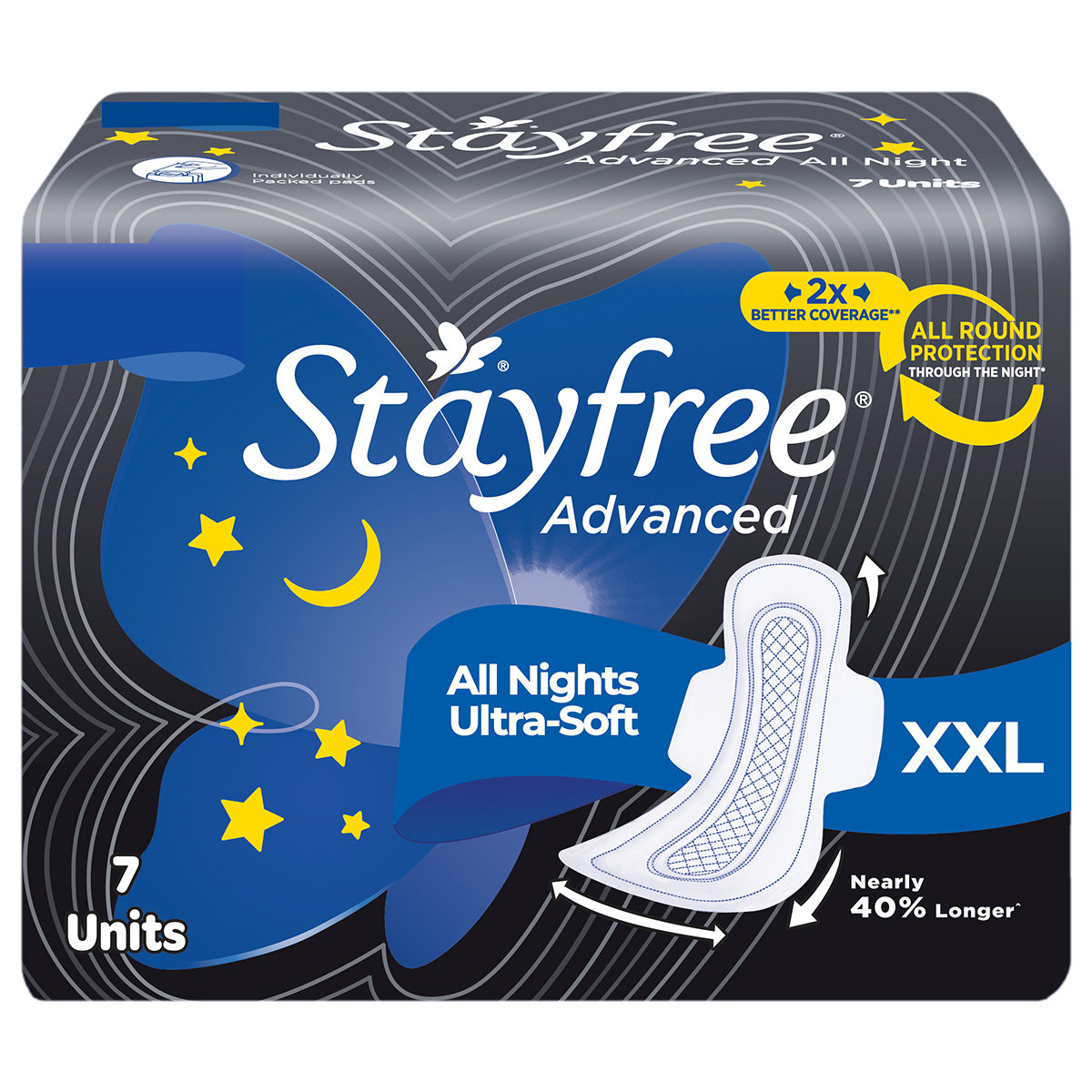 Stayfree Advanced All Night Ultra-Soft Pads with Wings XXL, 7 Count, Pack of 1 Stayfree Advanced All Night Ultra-Soft Pads with Wings XXL, 7 Count, Pack of 1