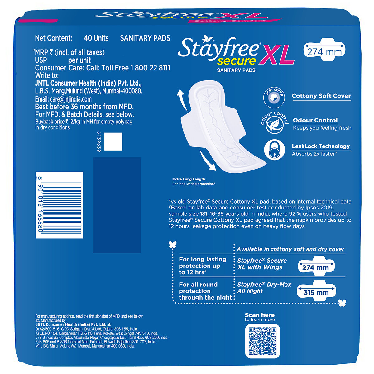 Stayfree Secure Cottony Soft Cover Pads With Wings XL, 40 Count, Pack of 1 Stayfree Secure Cottony Soft Cover Pads With Wings XL, 40 Count, Pack of 1
