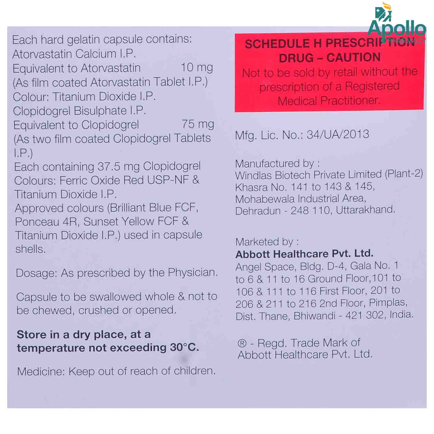 Stator CV 10 mg/75 mg Capsule 15's, Pack of 15 CAPSULES Stator CV 10 mg/75 mg Capsule 15's, Pack of 15 CAPSULES