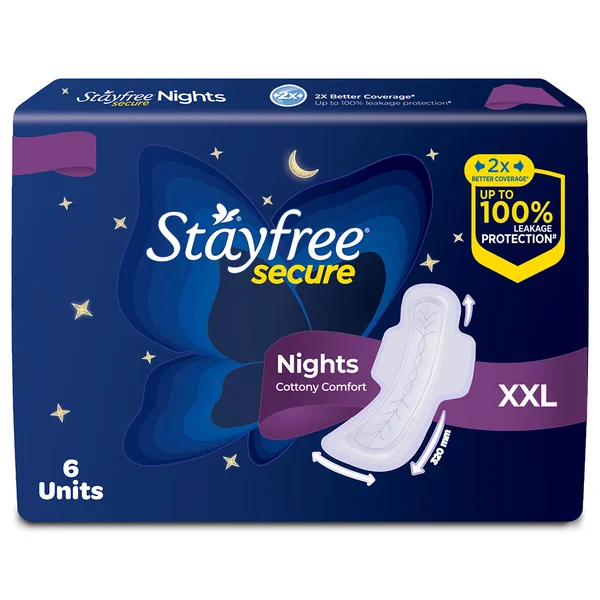 Stayfree Secure Nights Cottony Soft Comfort Sanitary Pad XXL, 6 Count, Pack of 1