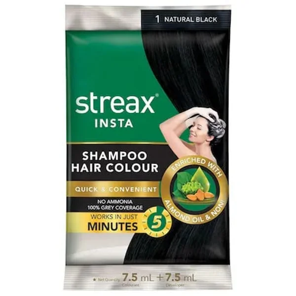 Streax Insta Shampoo Hair Colour Natural Black-1, 7.5ml + 7.5ml, Pack of 1