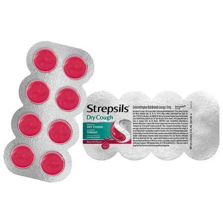 Strepsils Dry Cough Berry Mint Flavour Lozenges, 8 Count