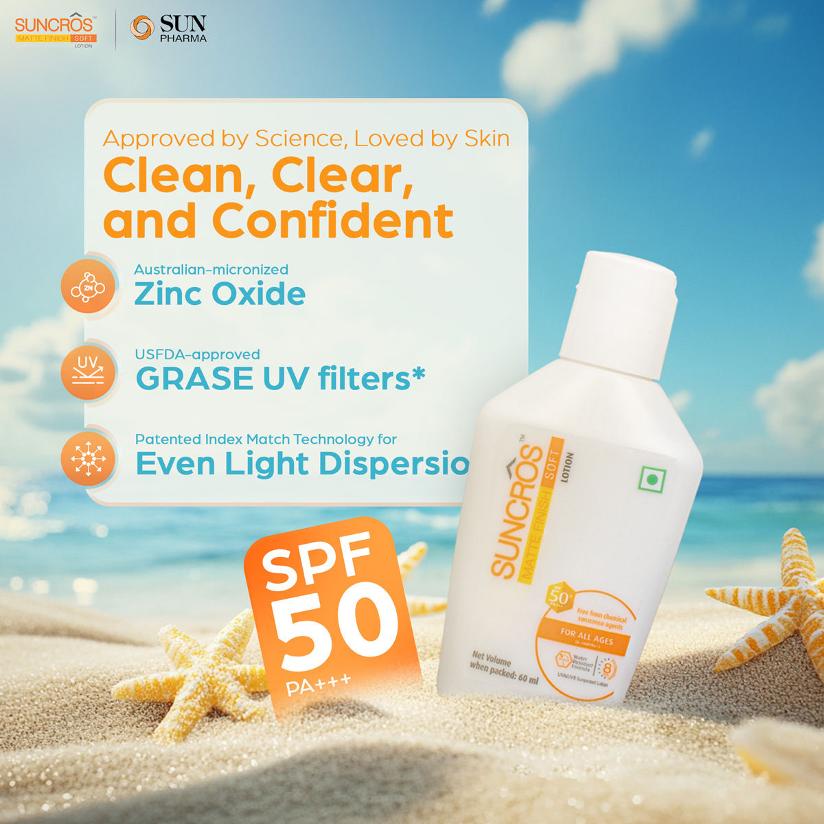 Suncros Matte Finish Soft Lotion SPF 50+ PA+++, 60 ml, Pack of 1 Ointment Suncros Matte Finish Soft Lotion SPF 50+ PA+++, 60 ml, Pack of 1 Ointment