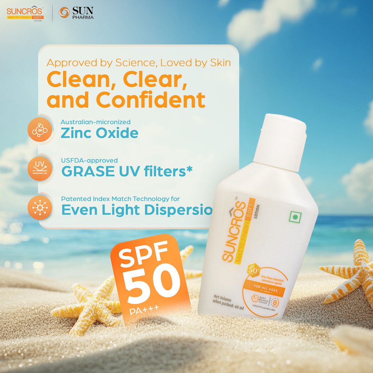 Suncros Matte Finish Soft Lotion SPF 50+ PA+++, 60 ml, Pack of 1 Ointment Suncros Matte Finish Soft Lotion SPF 50+ PA+++, 60 ml, Pack of 1 Ointment