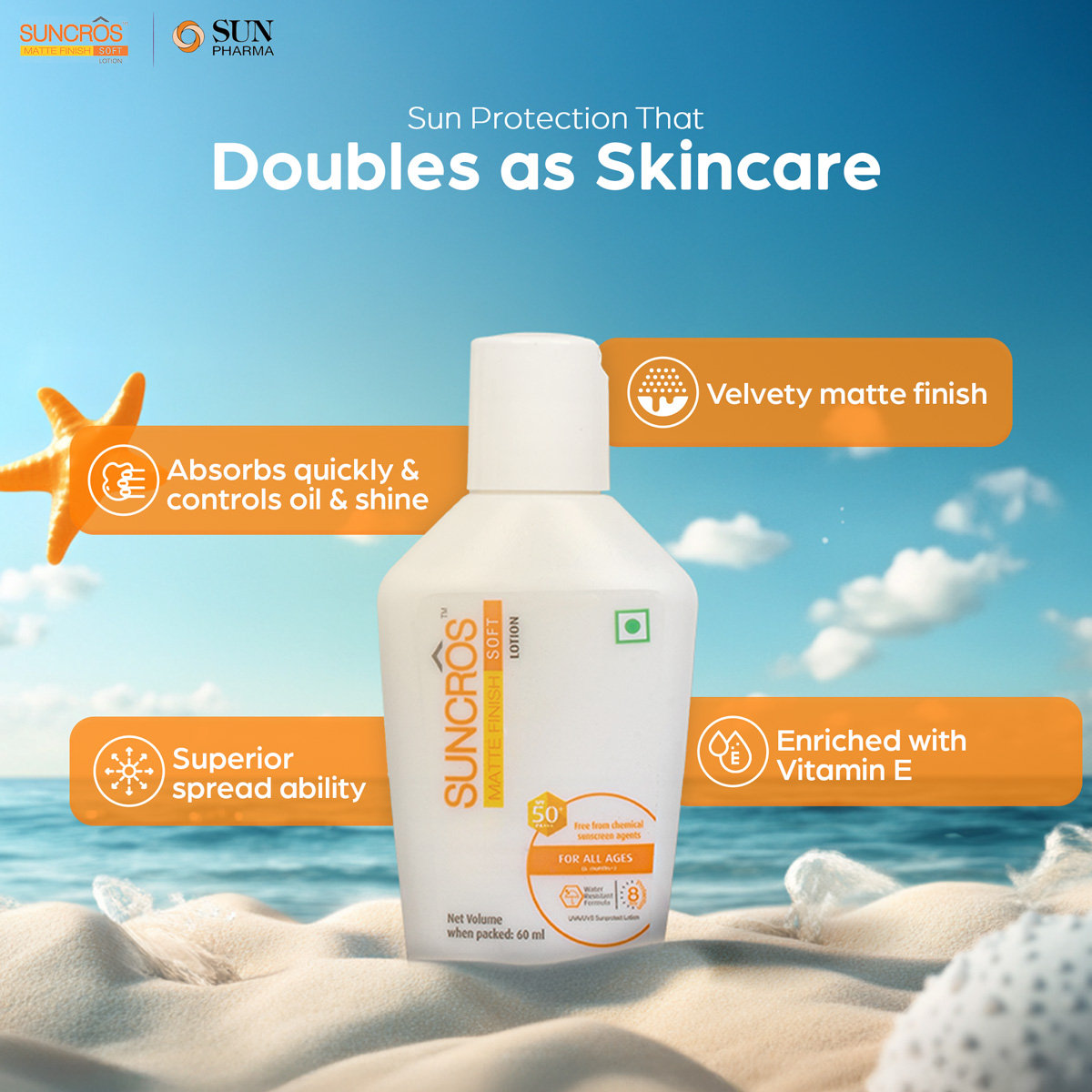 Suncros Matte Finish Soft Lotion SPF 50+ PA+++, 60 ml, Pack of 1 Ointment Suncros Matte Finish Soft Lotion SPF 50+ PA+++, 60 ml, Pack of 1 Ointment