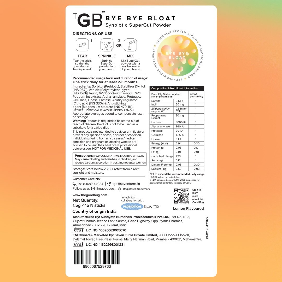 The Good Bug Bye Bye Bloat Synbiotic Supergut Powder for Bloating & Gas, 1.5 gm x 15 Sachets, Pack of 1 The Good Bug Bye Bye Bloat Synbiotic Supergut Powder for Bloating & Gas, 1.5 gm x 15 Sachets, Pack of 1
