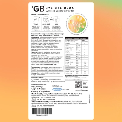 The Good Bug Bye Bye Bloat Synbiotic Supergut Powder for Bloating &amp; Gas, 1.5 gm x 15 Sachets, Pack of 1