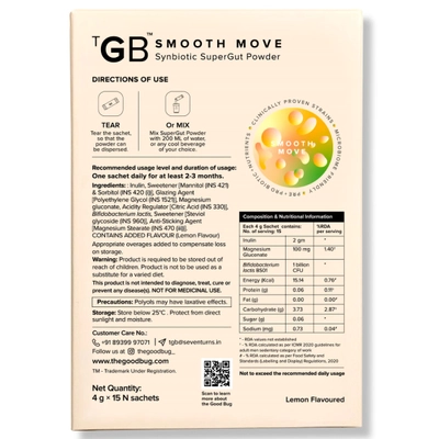 The Good Bug Smooth Move Synbiotic Supergut Powder for Constipation &amp; Irregularity, 4 gm x 15 Sachets, Pack of 1