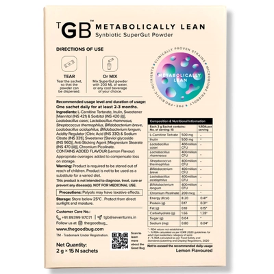 The Good Bug Metabolically Lean Synbiotic Supergut Powder for Weight Management, 2gm x 15 Sachets, Pack of 1