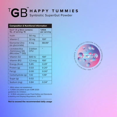 The Good Bug Happy Tummies Supergut Strawberry Flavour Powder, 1.5gm x 15 Sachets, Pack of 1