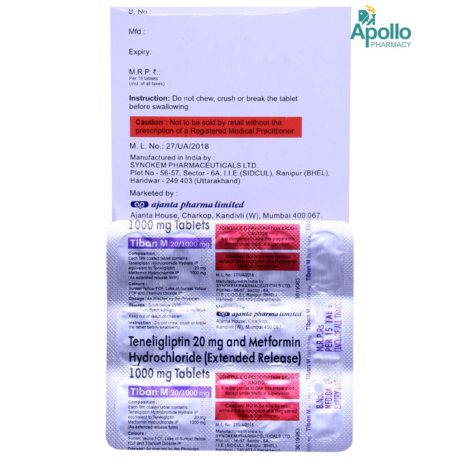 Tiban M 20 mg/1000 mg Tablet 15's, Pack of 15 TABLETS Tiban M 20 mg/1000 mg Tablet 15's, Pack of 15 TABLETS