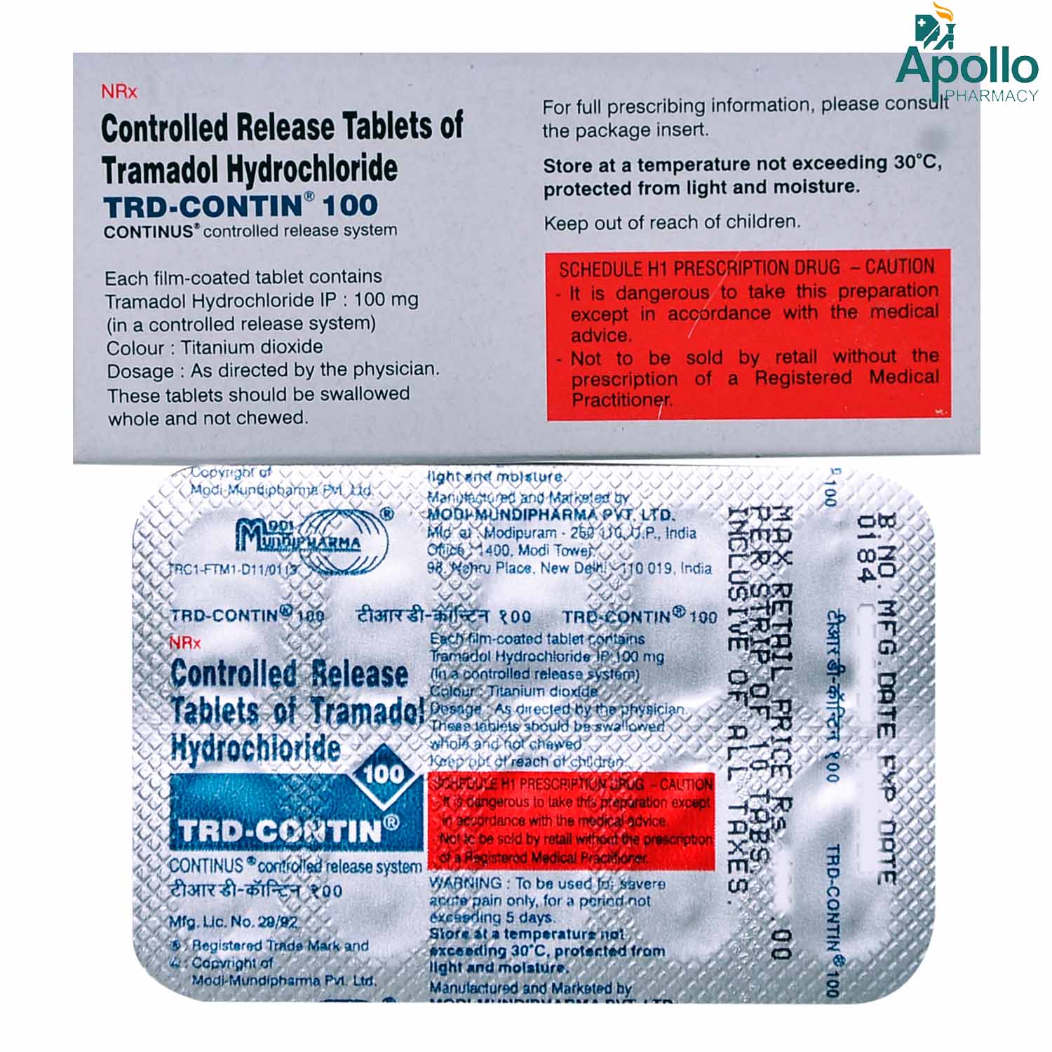 TRD CONTIN 100MG TABLET , Pack of 10 TABLETS TRD CONTIN 100MG TABLET , Pack of 10 TABLETS
