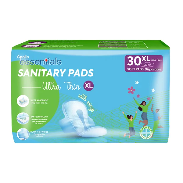 Apollo Essentials Sanitary Pads Ultrathin XL 280 mm, 30 count