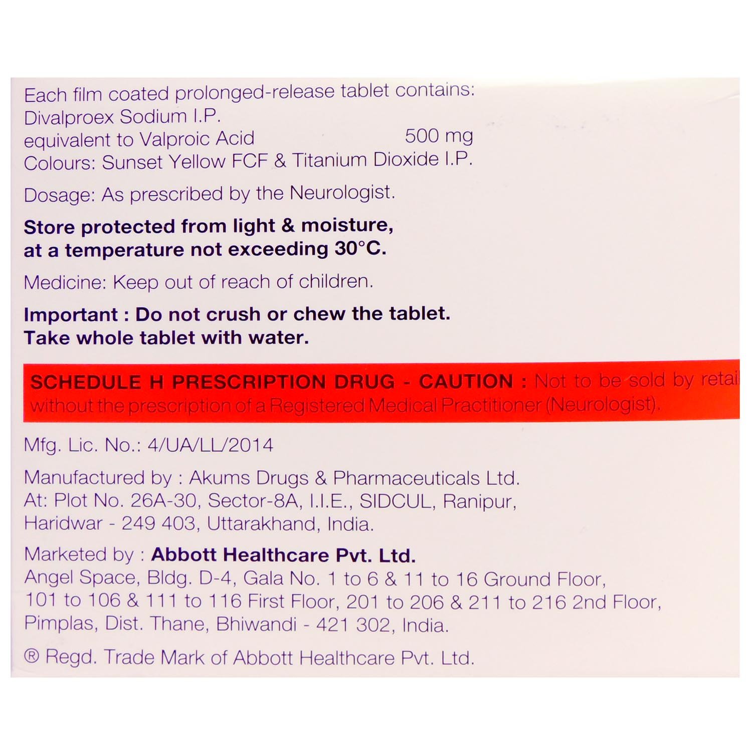 Valance OD 500 mg Tablet 10's, Pack of 10 TABLETS Valance OD 500 mg Tablet 10's, Pack of 10 TABLETS