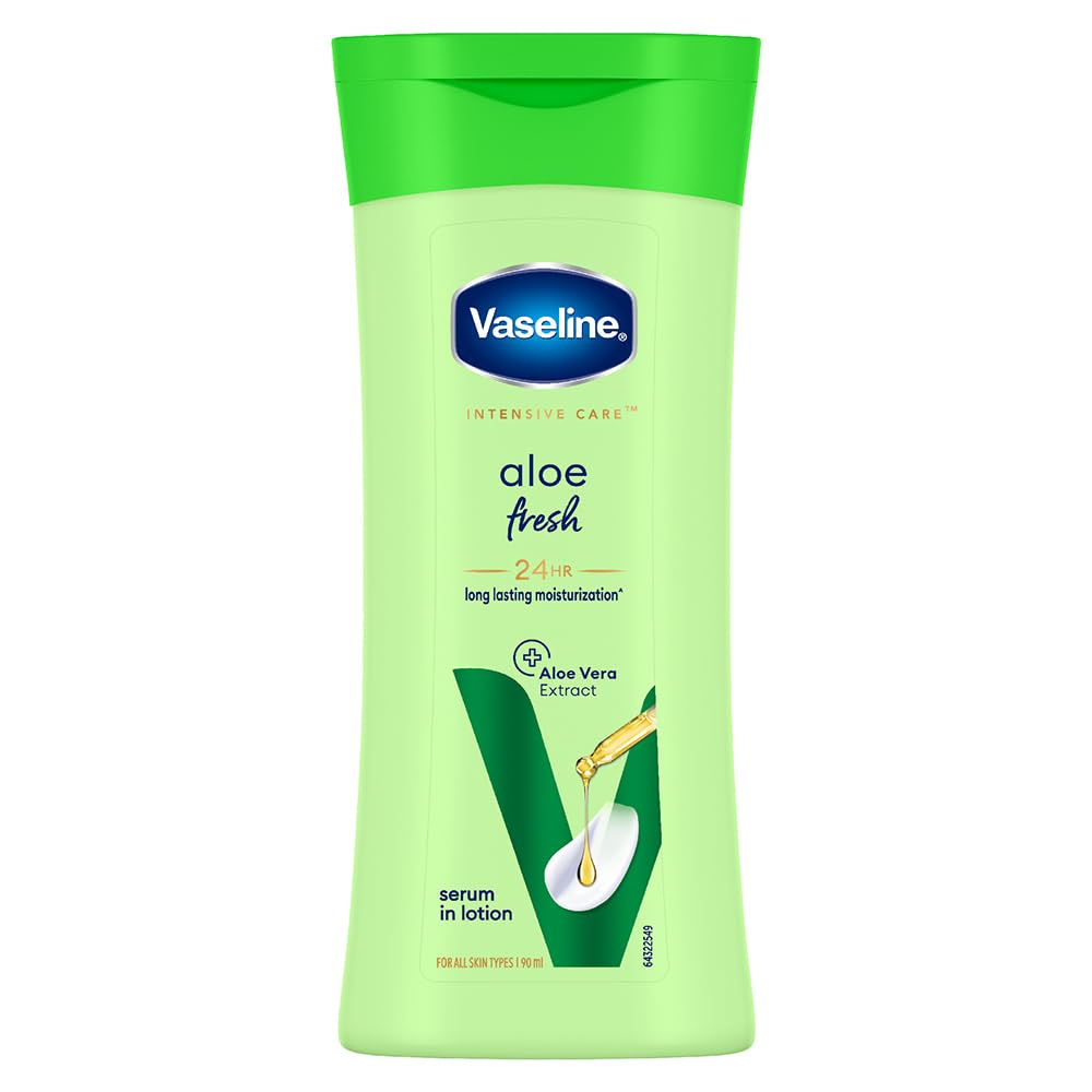 Vaseline Intensive Care Aloe Fresh Body Lotion 90 ml | With 100% Pure Aloe Vera Extract | Deeply Hydrates Skin In Harsh Summer | Non Greasy & Featurelight Fornula | For Dry Skin, Pack of 1 Vaseline Intensive Care Aloe Fresh Body Lotion 90 ml | With 100% Pure Aloe Vera Extract | Deeply Hydrates Skin In Harsh Summer | Non Greasy & Featurelight Fornula | For Dry Skin, Pack of 1