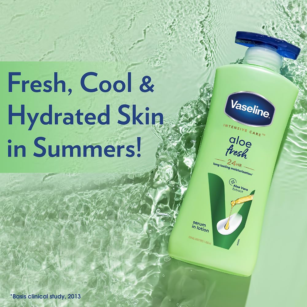 Vaseline Intensive Care Aloe Fresh Body Lotion 90 ml | With 100% Pure Aloe Vera Extract | Deeply Hydrates Skin In Harsh Summer | Non Greasy & Featurelight Fornula | For Dry Skin, Pack of 1 Vaseline Intensive Care Aloe Fresh Body Lotion 90 ml | With 100% Pure Aloe Vera Extract | Deeply Hydrates Skin In Harsh Summer | Non Greasy & Featurelight Fornula | For Dry Skin, Pack of 1
