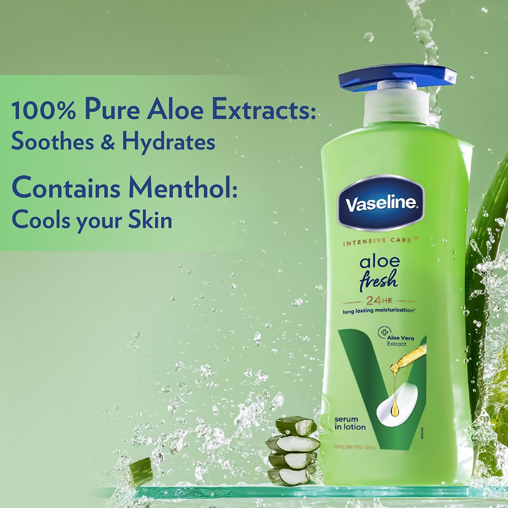 Vaseline Intensive Care Aloe Fresh Body Lotion 90 ml | With 100% Pure Aloe Vera Extract | Deeply Hydrates Skin In Harsh Summer | Non Greasy & Featurelight Fornula | For Dry Skin, Pack of 1 Vaseline Intensive Care Aloe Fresh Body Lotion 90 ml | With 100% Pure Aloe Vera Extract | Deeply Hydrates Skin In Harsh Summer | Non Greasy & Featurelight Fornula | For Dry Skin, Pack of 1