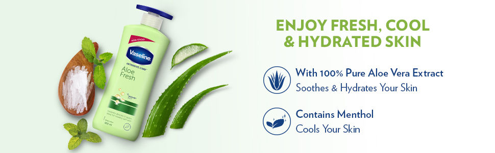 Vaseline Intensive Care Aloe Fresh Body Lotion 400 ml | With 100% Pure Aloe Vera Extract | Deeply Hydrates Skin In Harsh Summer | Non Greasy & Featurelight Fornula | For Dry Skin, Pack of 1 Vaseline Intensive Care Aloe Fresh Body Lotion 400 ml | With 100% Pure Aloe Vera Extract | Deeply Hydrates Skin In Harsh Summer | Non Greasy & Featurelight Fornula | For Dry Skin, Pack of 1