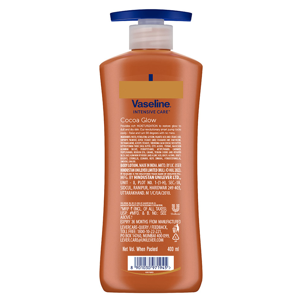 Vaseline Intensive Care Cocoa Glow Body Lotion 400 ml | With Cocoa Butter | Provides 48 hrs Of Moisturization | Non Greasy & Fast Absorbing | For Dry Skin, Pack of 1 Vaseline Intensive Care Cocoa Glow Body Lotion 400 ml | With Cocoa Butter | Provides 48 hrs Of Moisturization | Non Greasy & Fast Absorbing | For Dry Skin, Pack of 1