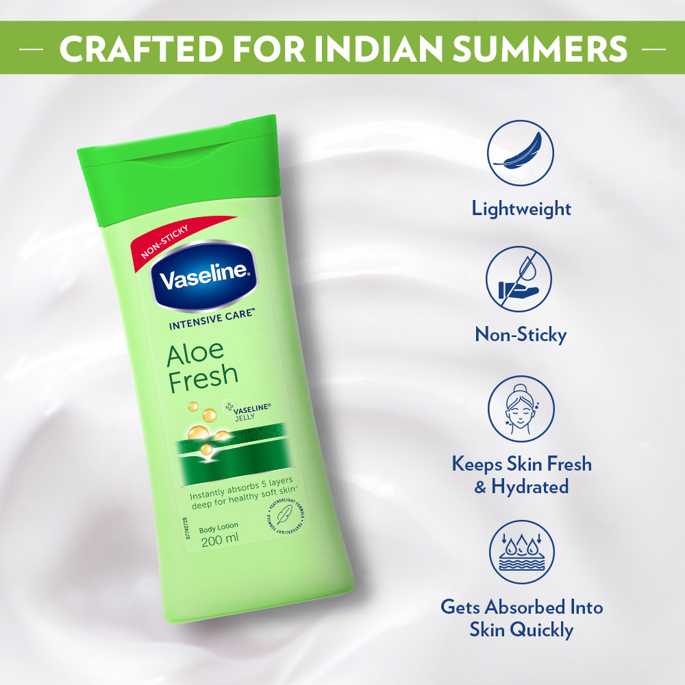 Vaseline Intensive Care Aloe Fresh Body Lotion 200 ml | With 100% Pure Aloe Vera Extract | Deeply Hydrates Skin In Harsh Summer | Non Greasy & Featurelight Fornula | For Dry Skin, Pack of 1 Vaseline Intensive Care Aloe Fresh Body Lotion 200 ml | With 100% Pure Aloe Vera Extract | Deeply Hydrates Skin In Harsh Summer | Non Greasy & Featurelight Fornula | For Dry Skin, Pack of 1