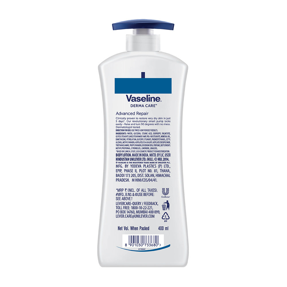 Vaseline Derma Care Advanced Repair Body Lotion 400 ml | With Barrier Repair Complex | Heals Dry Skin In 5 Days | Long Lasting Moisturization | Non Greasy | For Very Dry Skin & Very Sensitive Skin, Pack of 1 Vaseline Derma Care Advanced Repair Body Lotion 400 ml | With Barrier Repair Complex | Heals Dry Skin In 5 Days | Long Lasting Moisturization | Non Greasy | For Very Dry Skin & Very Sensitive Skin, Pack of 1