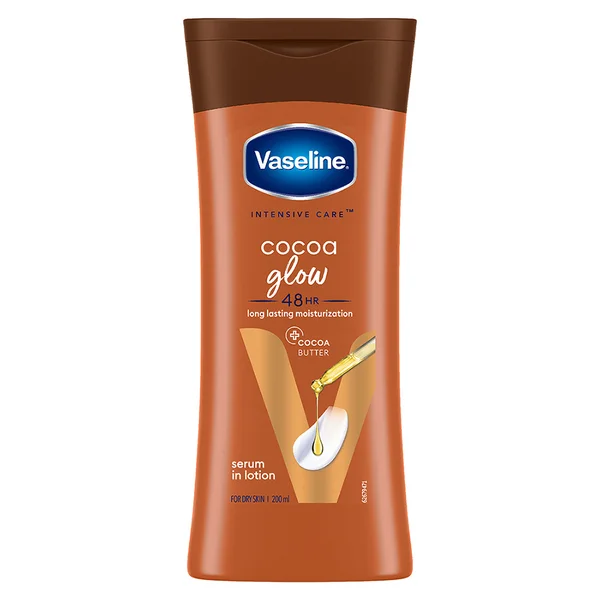 Vaseline Intensive Care Cocoa Glow Body Lotion 200 ml | With Cocoa Butter | Provides 48 hrs Of Moisturization | Non Greasy &amp; Fast Absorbing | For Dry Skin, Pack of 1