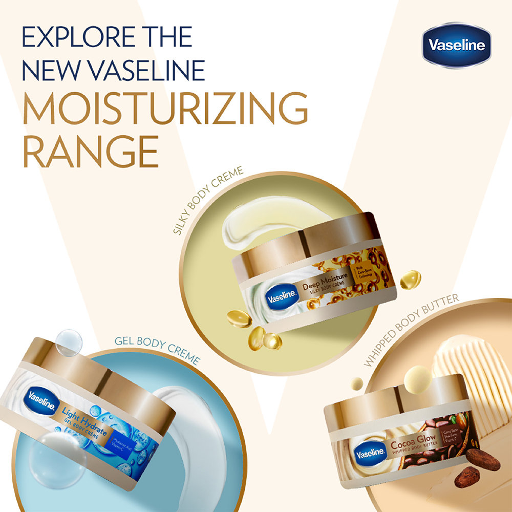 Vaseline Cocoa Glow Whipped Body Butter 180 gm | With Cocoa Butter, Shea Butter & Vitamin E | For Nourished Glowing Skin, Pack of 1 Vaseline Cocoa Glow Whipped Body Butter 180 gm | With Cocoa Butter, Shea Butter & Vitamin E | For Nourished Glowing Skin, Pack of 1