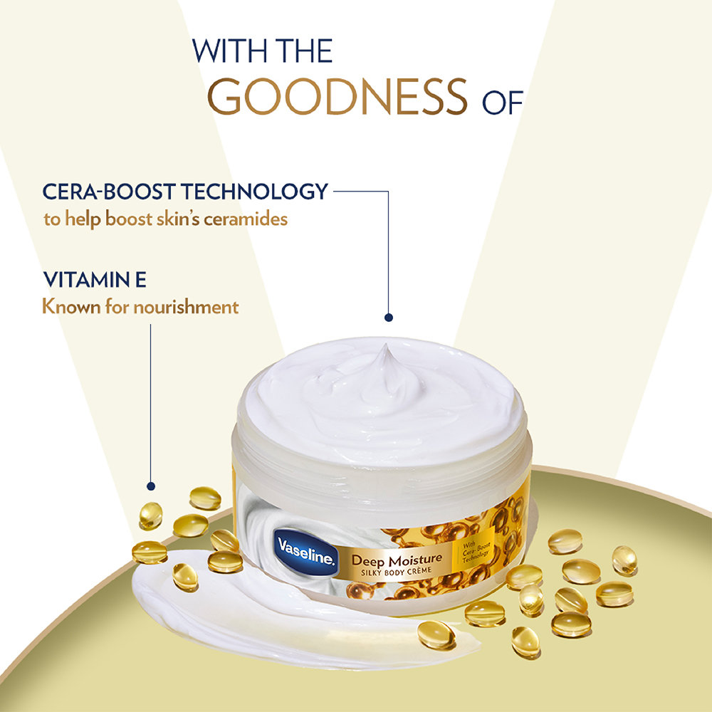 Vaseline Deep Moisture Silky Body Creme 180 gm | With Cera Boost Technology | For Silky, Smooth & Soft Skin, Pack of 1 Vaseline Deep Moisture Silky Body Creme 180 gm | With Cera Boost Technology | For Silky, Smooth & Soft Skin, Pack of 1