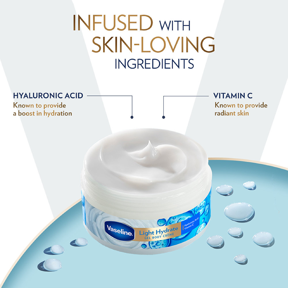 Vaseline Light Hydrate Gel Body Creme 180 gm | With Hyaluronic Acid & Vitamin C | Provides Hydration | For Radiant Glowing Skin, Pack of 1 Vaseline Light Hydrate Gel Body Creme 180 gm | With Hyaluronic Acid & Vitamin C | Provides Hydration | For Radiant Glowing Skin, Pack of 1