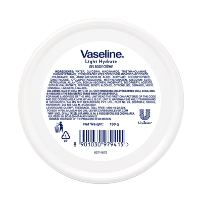 Vaseline Light Hydrate Gel Body Creme 180 gm | With Hyaluronic Acid &amp; Vitamin C | Provides Hydration | For Radiant Glowing Skin, Pack of 1