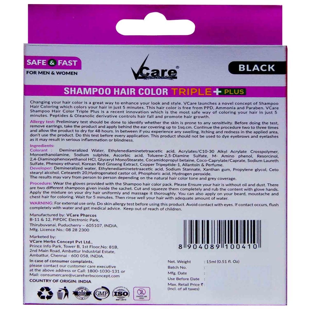 Buy VCare Shampoo Hair Colour ShampooBlack 180ml for Women and Men Pump  pack with Natural extracts  Colours hair in minutesEnriched with growth  factors  antioxidants Ammonia free Sulphate free Online at Low Prices in  India  Amazonin