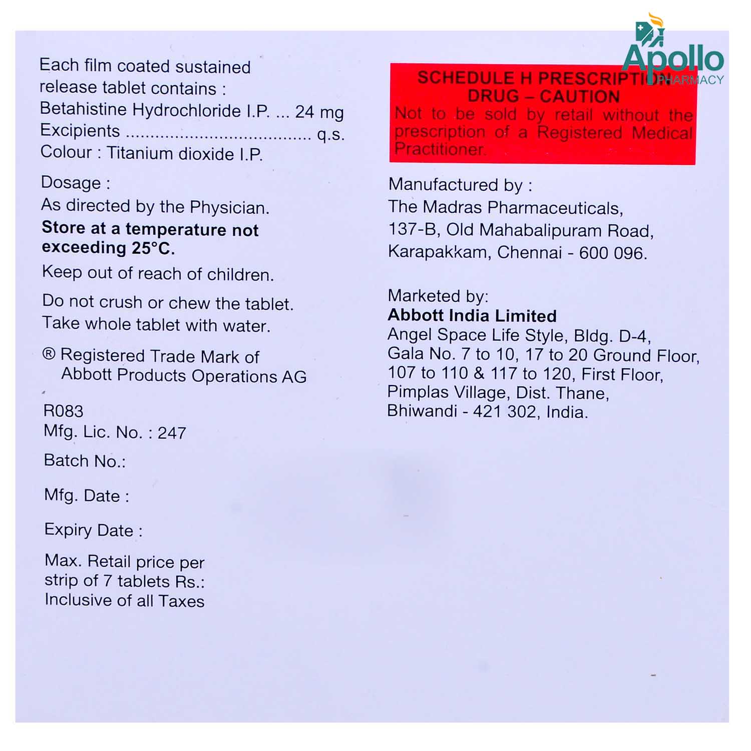 Vertin OD 24 Tablet 7's, Pack of 7 TABLETS Vertin OD 24 Tablet 7's, Pack of 7 TABLETS